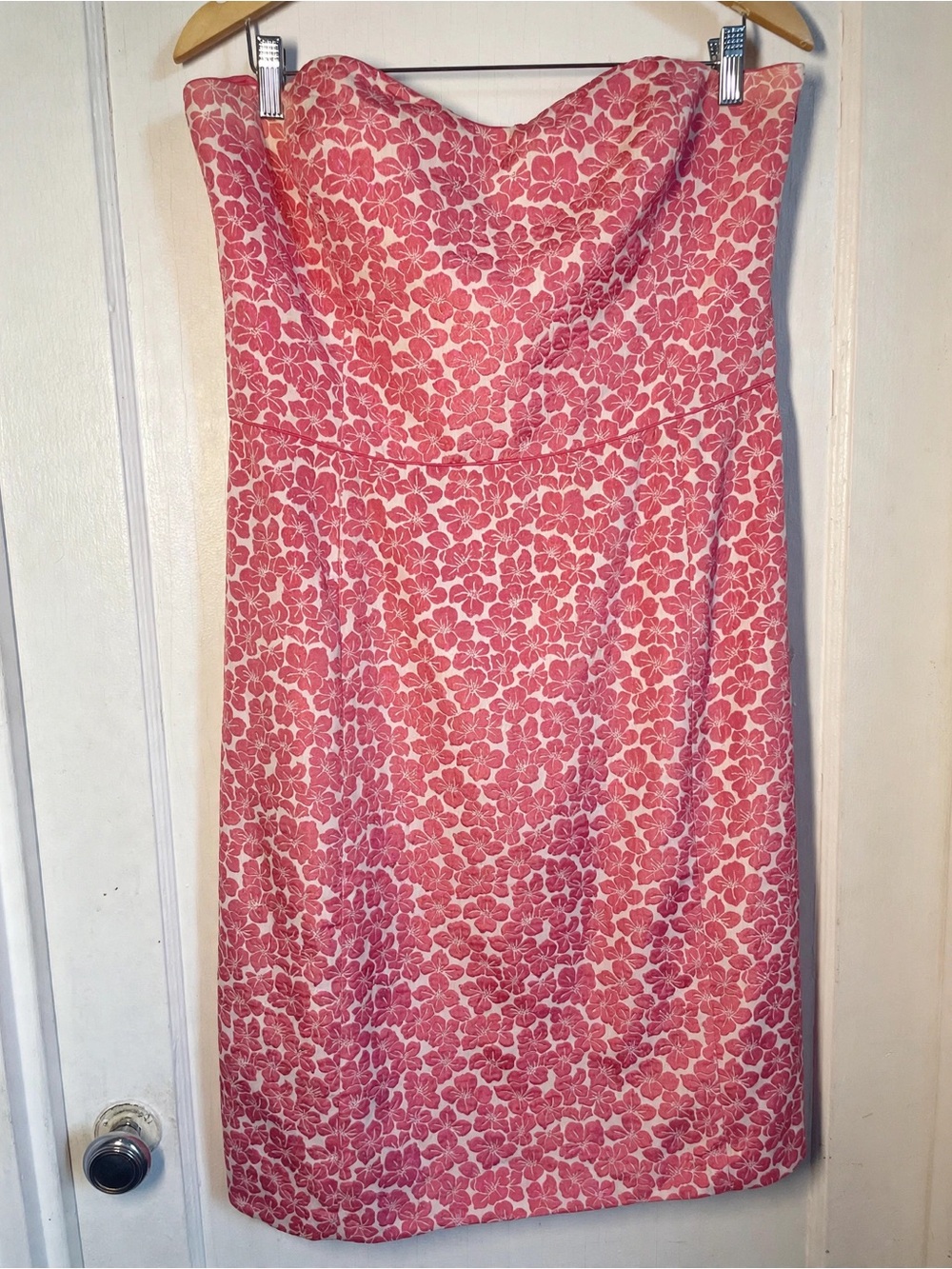LOFT Ann Taylor Pink White Floral Strapless Dress 14 Cotton Silk Blend Boned